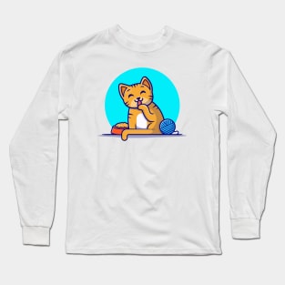 Cute Cat with Yarn Ball Cartoon Vector Icon Illustration Long Sleeve T-Shirt